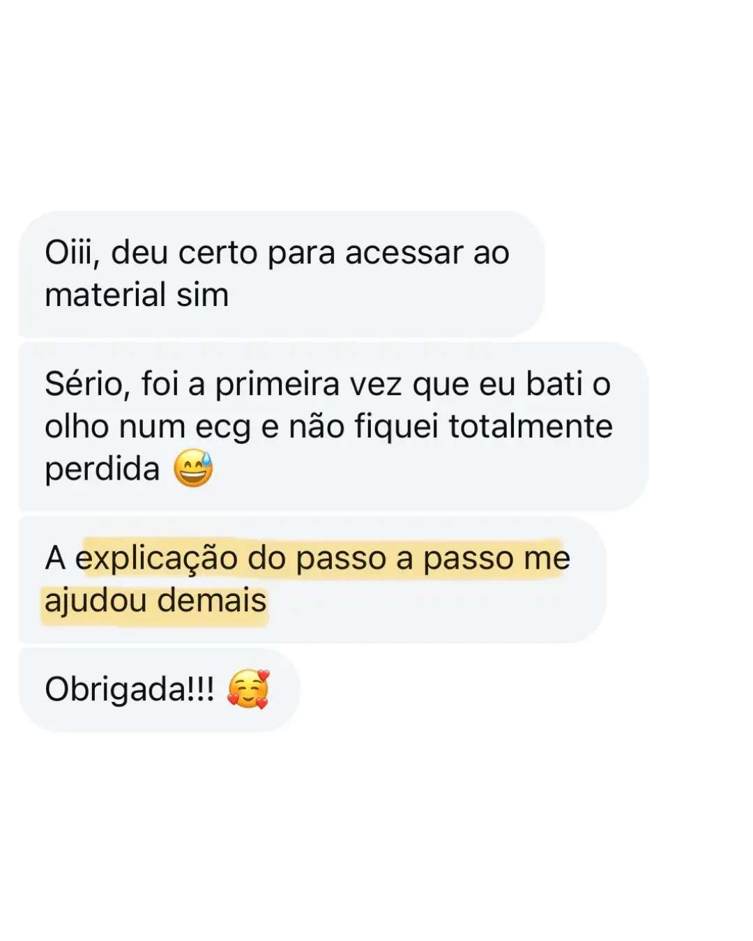 Mensagem de estudante sobre os materiais