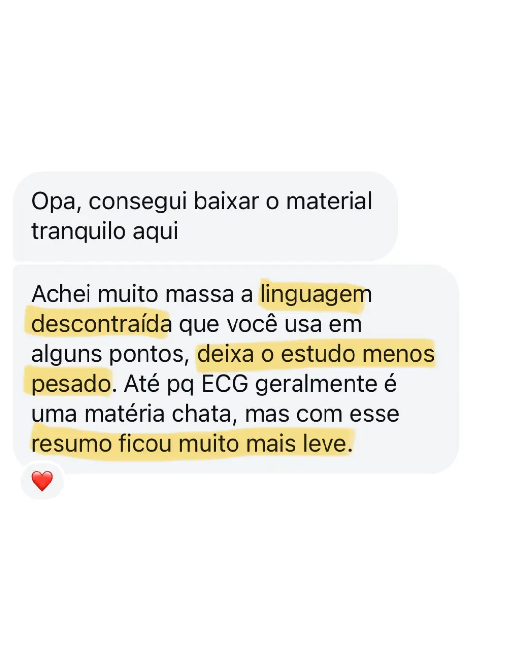 Mensagem de estudante sobre os materiais