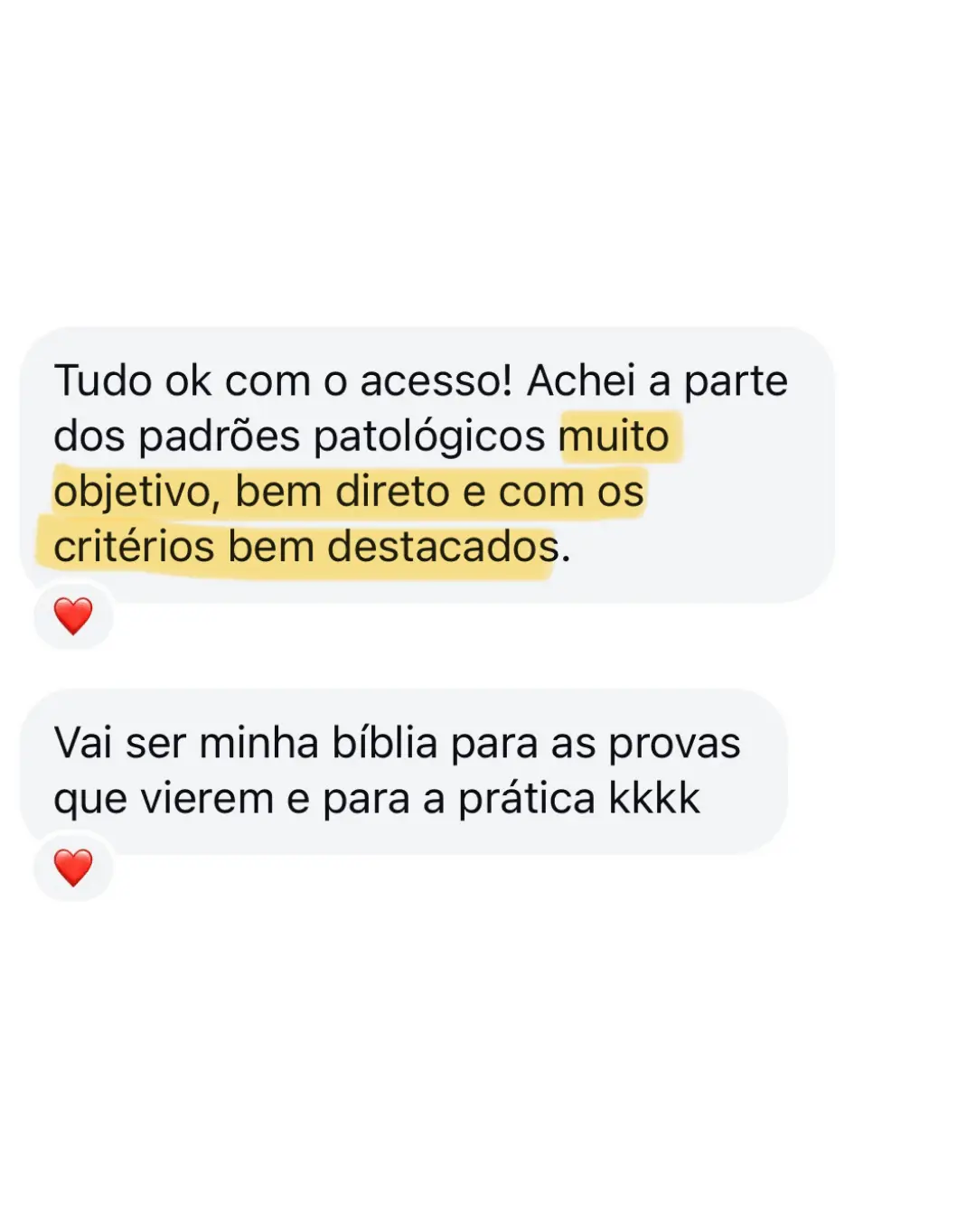Mensagem de estudante sobre os materiais