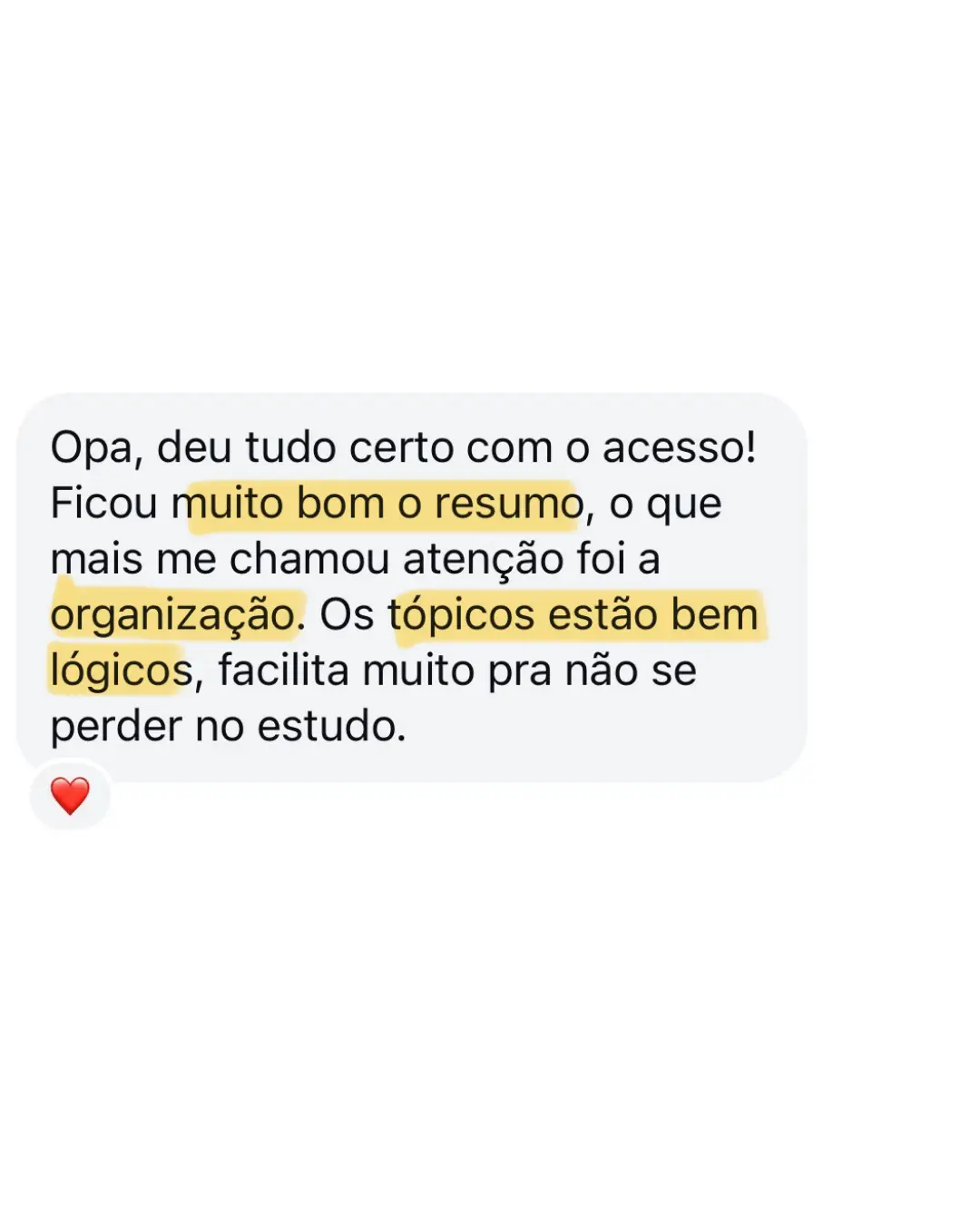 Mensagem de estudante sobre os materiais