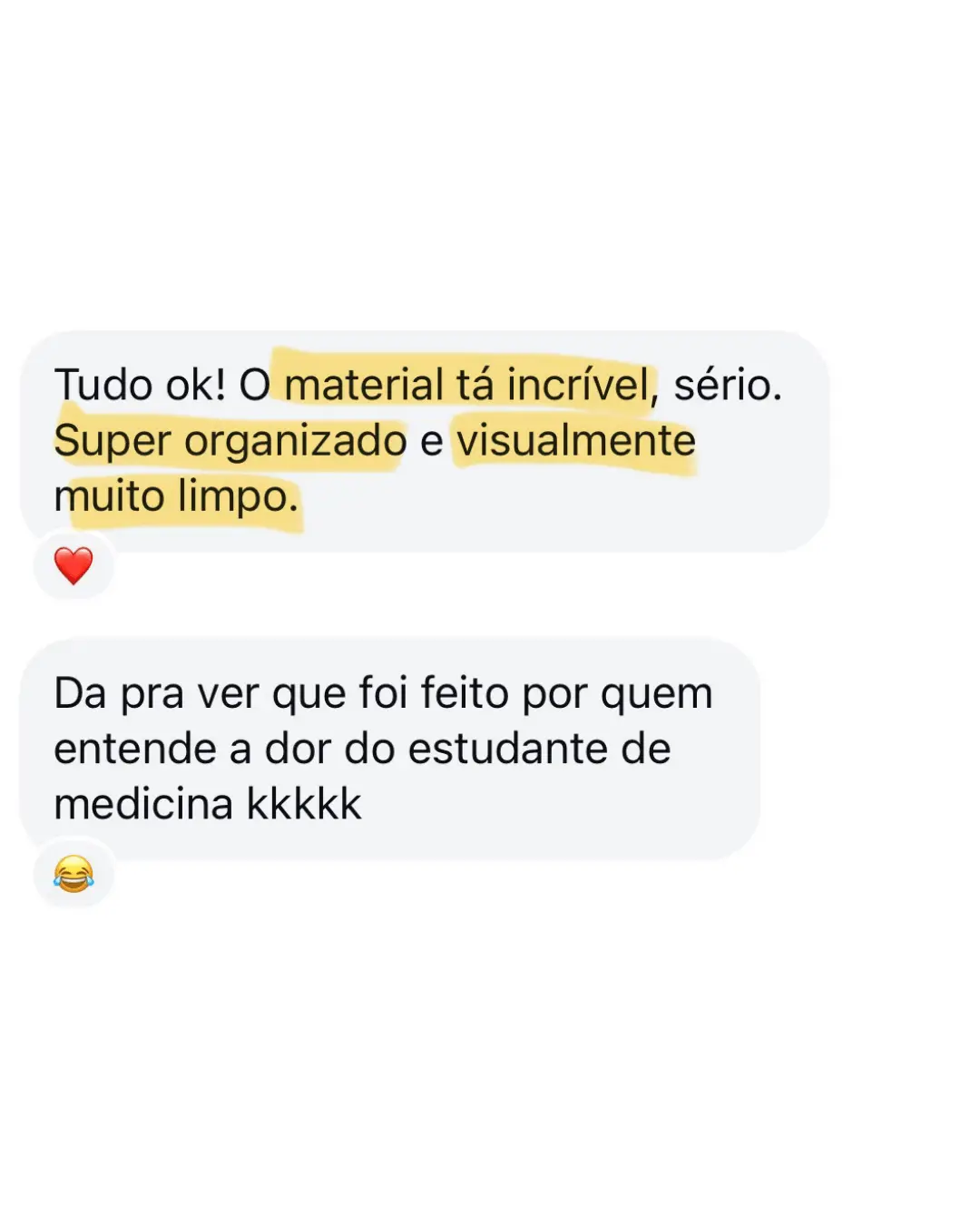 Mensagem de estudante sobre os materiais