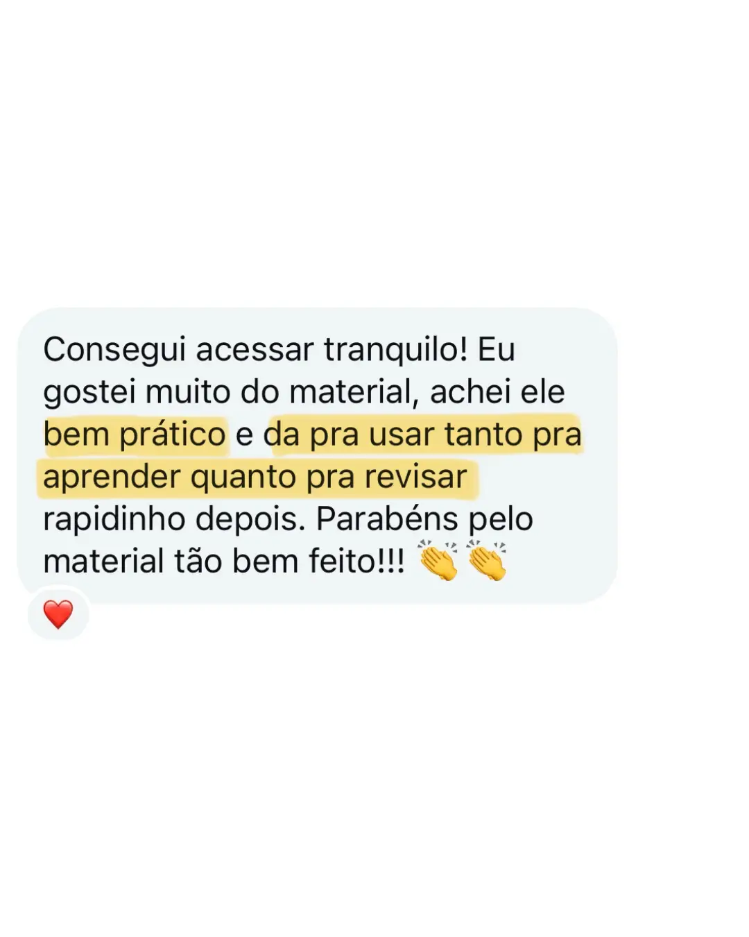 Mensagem de estudante sobre os materiais