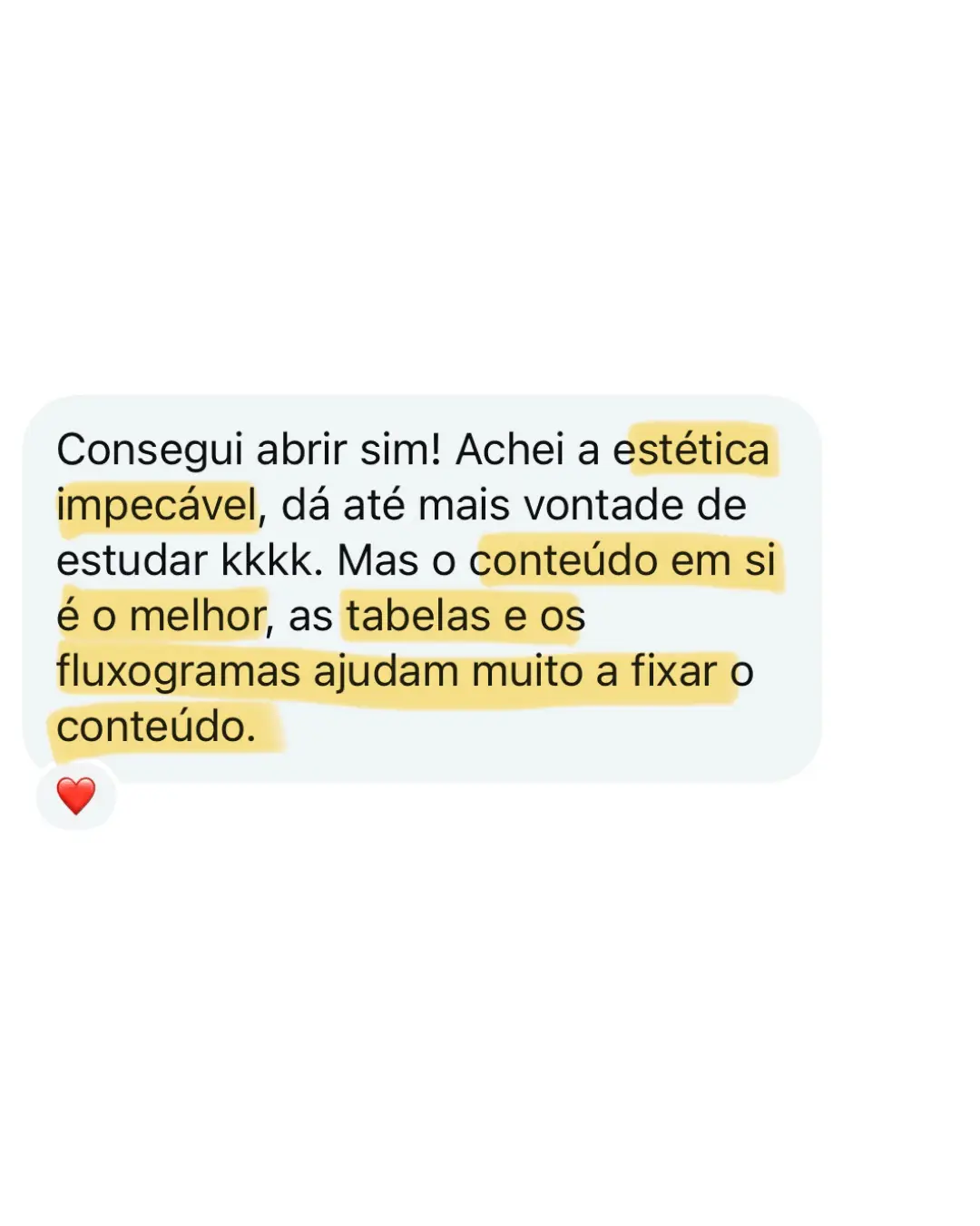 Mensagem de estudante sobre os materiais