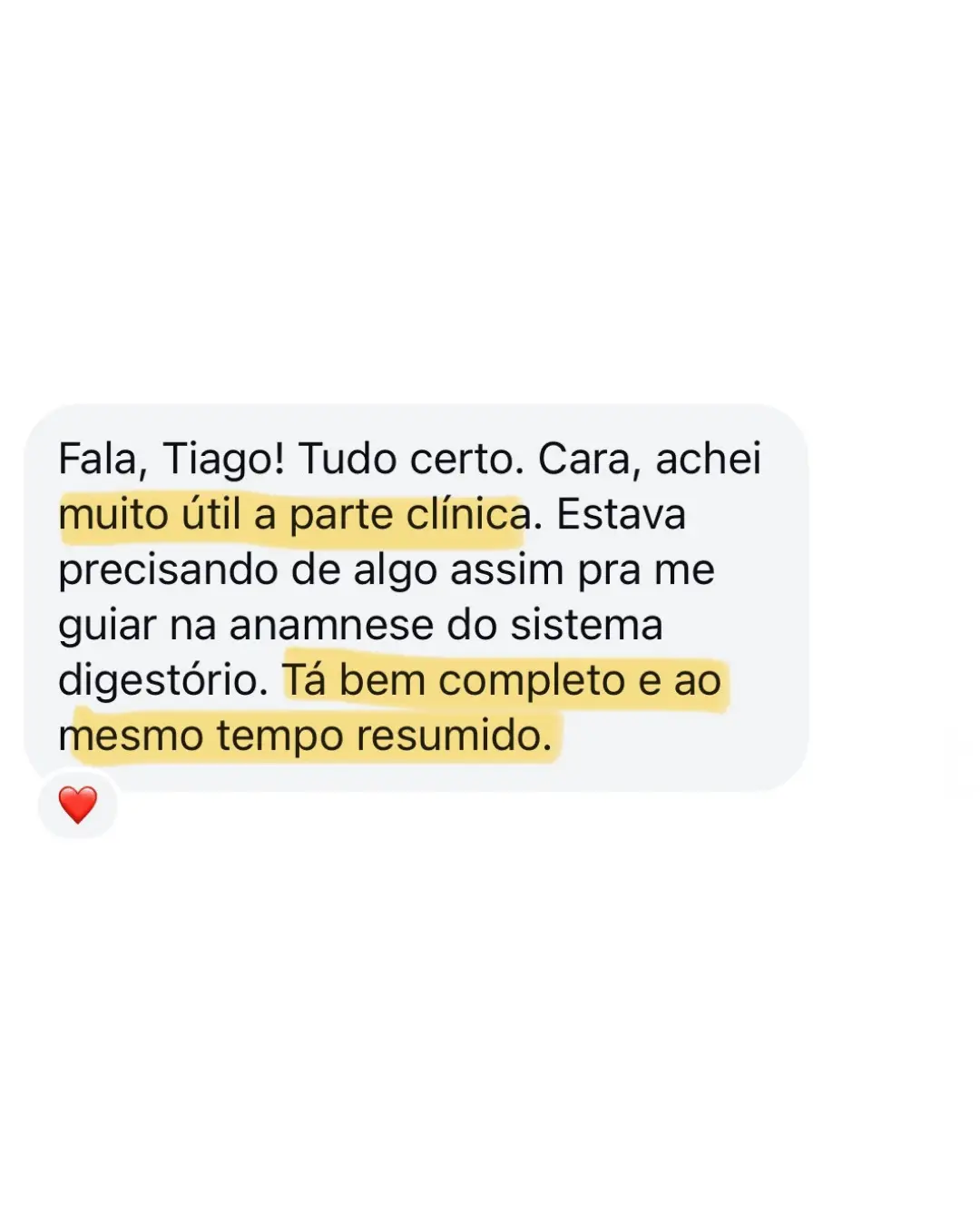 Mensagem de estudante sobre os materiais